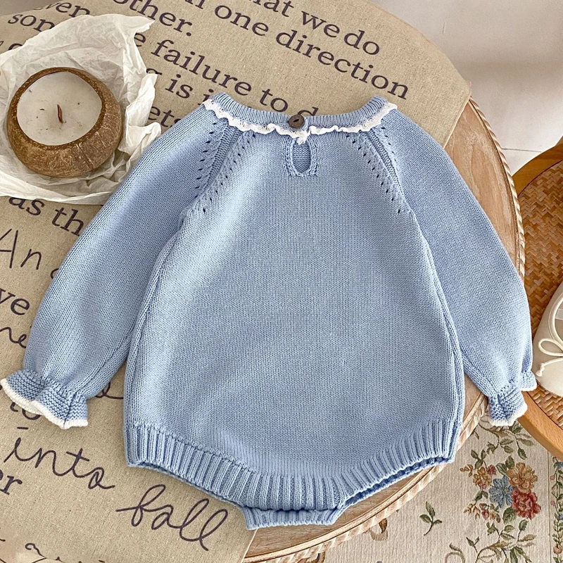 New autumn baby clothing, 0-3 year old girls, cotton lace collar long sleeved knitted jumpsuit, triangle top climbing suit