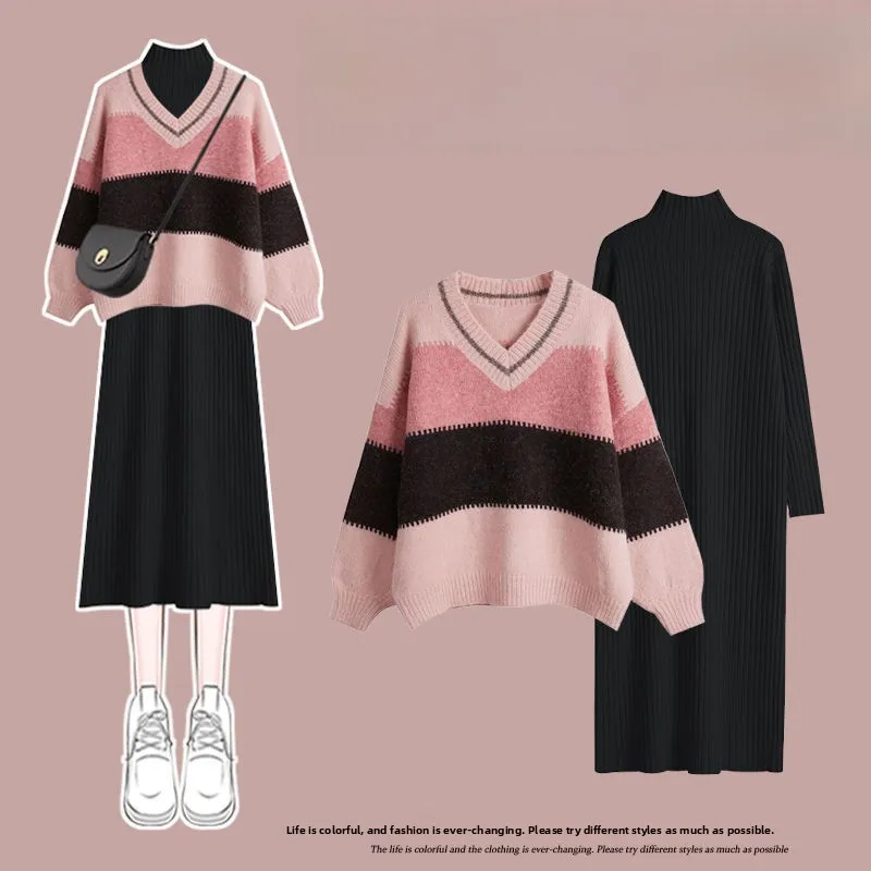 

Soft Cozy Women's Knitted Dress And Sweater Set Large Size Autumn Winter Two Piece Suite Gentle Style Milk Color Casual Wear