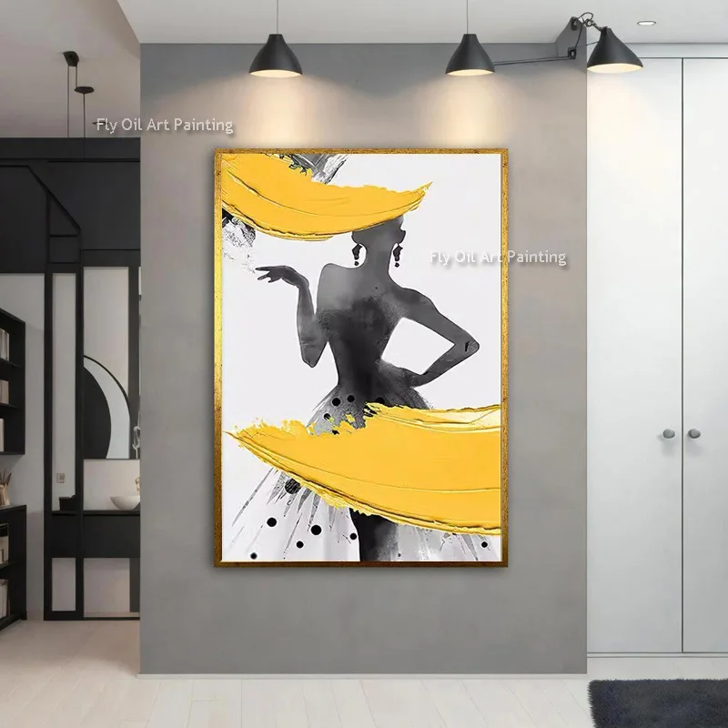 Black And White Sexy Woman Yellow Knife Thick Oil Painting Handmade Model Canvas Wall Art Original Design For Home Office Decor