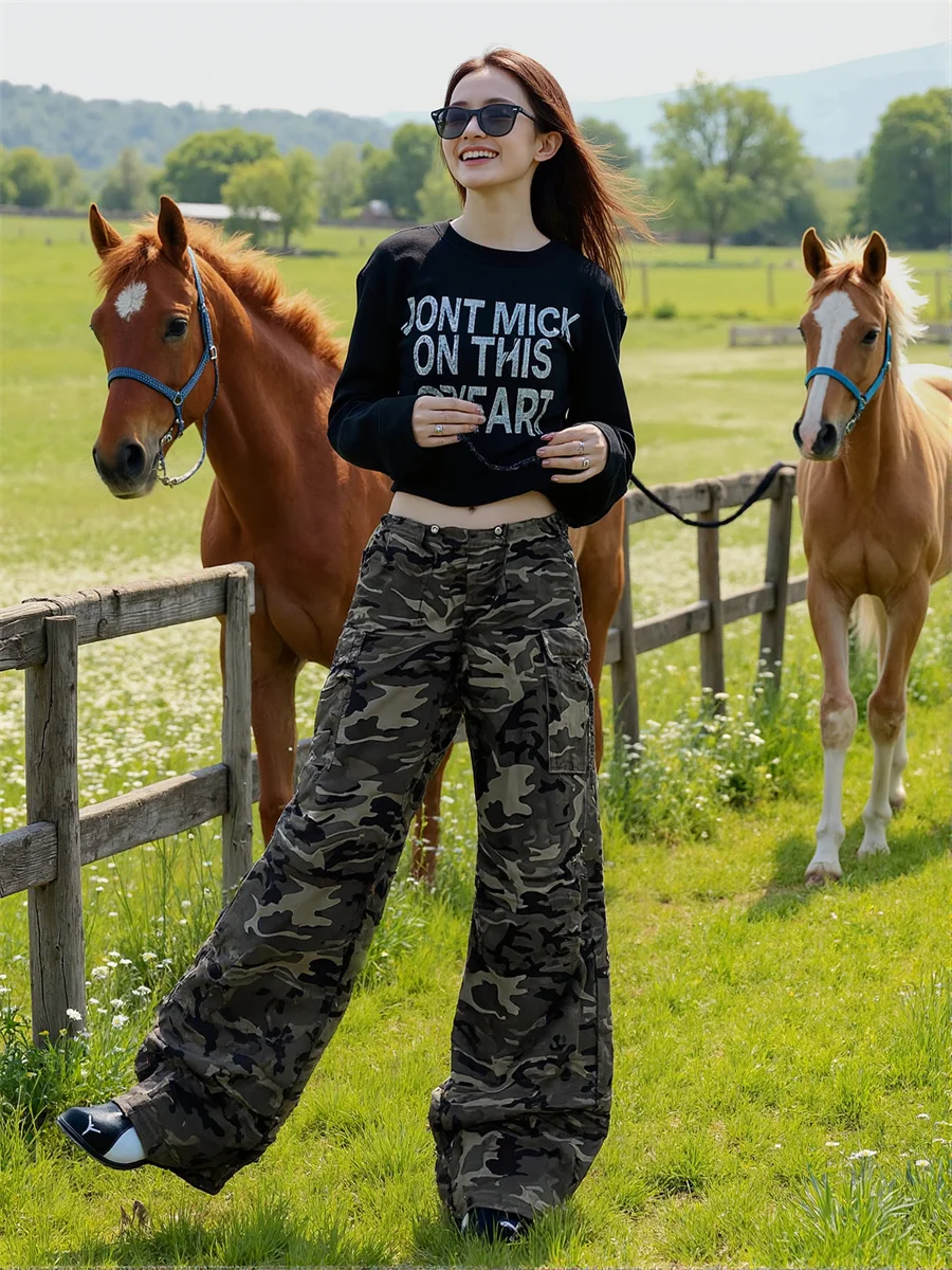 Pantaloni casual da donna stile coreano Camouflage bordo grezzo donna orlo senzaed look vintage moda streetwear trendy vita alta dritto