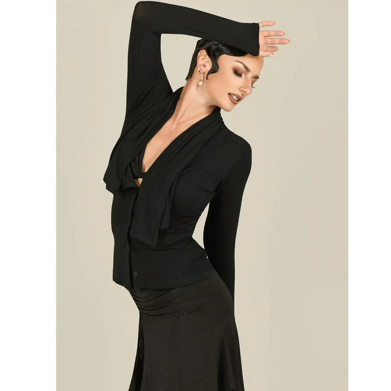 2025 Sexy Latin Dans Kostuums Uitloper Voor Vrouwen Lange Mouw Tops Chacha Tango Samba Dans Praktijk Training Dagelijkse Slijtage DQL12360