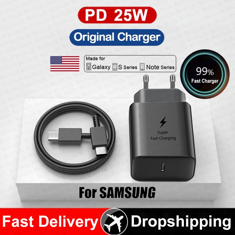 25W Original USB Type C Super Fast Charger For Samsung Galaxy S23 S22 S21 S20 Ultra S10 S8 S9 Note 20 10+ 5G Plus Charging Cable