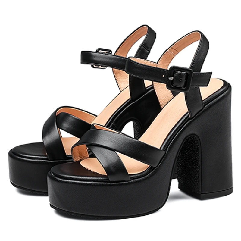 

2026 Summer Block High Heels Platform Sandals Women's Black Genuine Leather Classic Thick Bottom Gothic Sandal for Office Model