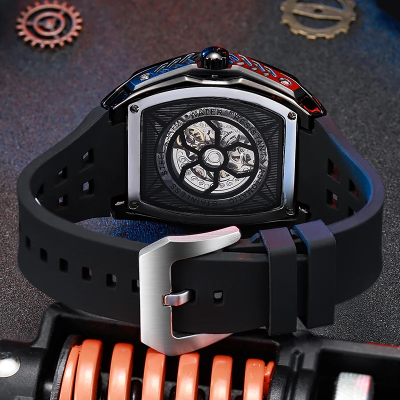 Dulunwe Luxury Green Automatic Mechanical Watch For Men Hollow Waterproof Luminous Rubber Strap Men's Watches