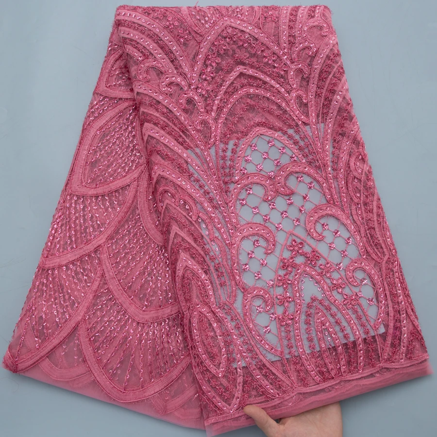Stunning Dusty Rose French Mesh Lace Fabric, Sparkling Sequined Net Lace for African Ghanaian Party & Evening Gowns