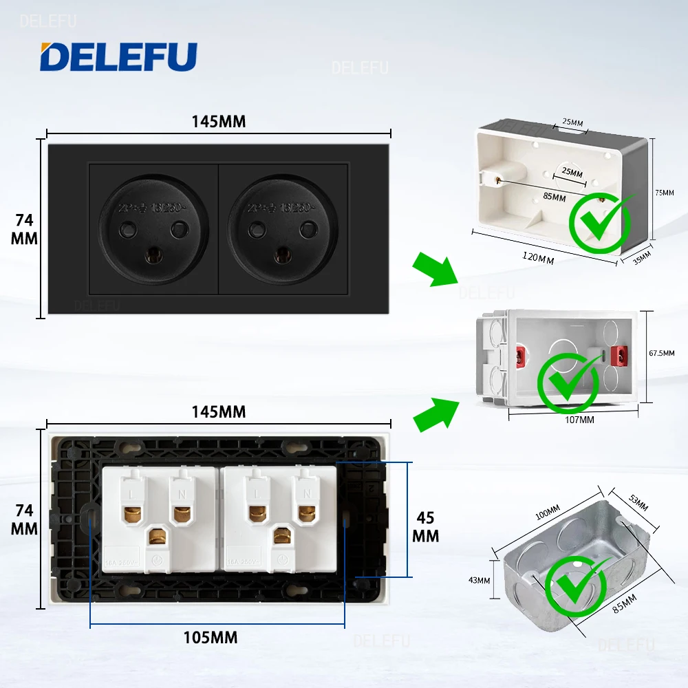 DELEFU Flame Retardant SC31 Panel 145mm Black Israeli Standard USB Type C Fast Charging Wall Socket Switch TV Tel CAT5 CAT6