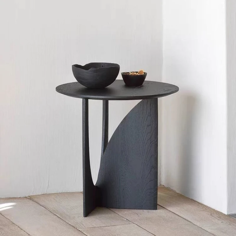 

Nordic round solid wood edge table black simple coffee table sofa side table