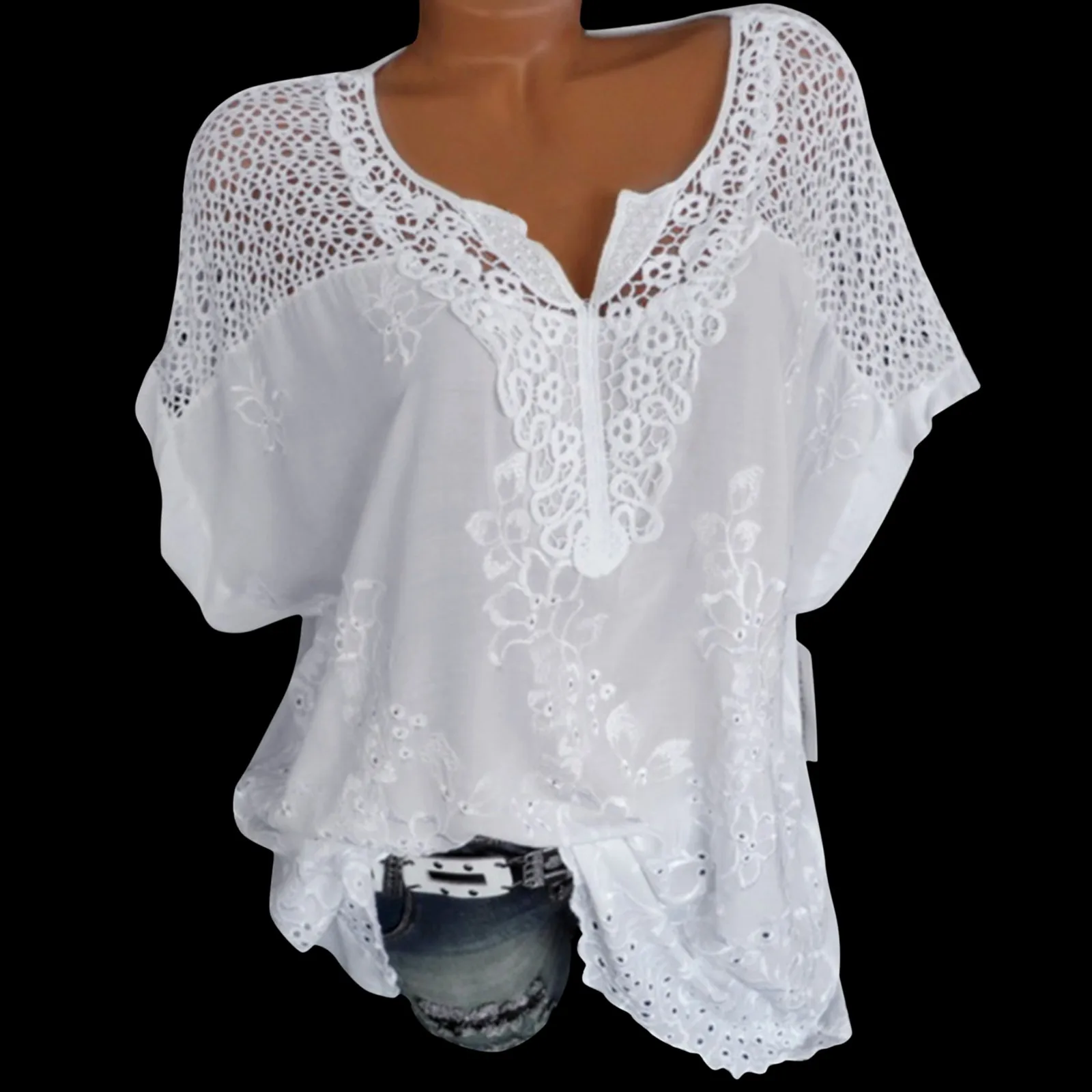 

Fashion Elegant Women Embroidered Tops V Neck Short Batwing Sleeve Loose Solid Color Lace Patchwork Tops shirts Casual Clothes