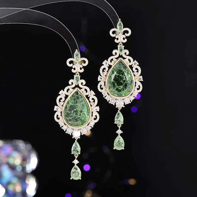 

Heavy Industry High-end Luxury Palace Earrings Green Crack Water Drop Zirconium Jewelry 925 Silver Needle Women Tassel Earrings