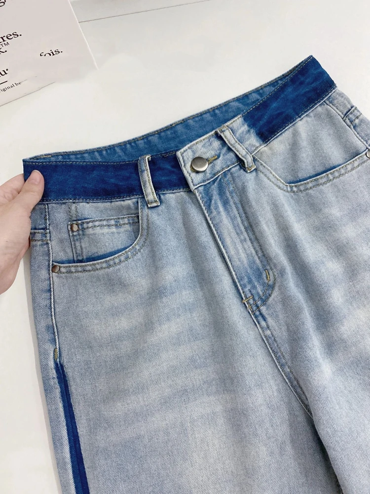 秋冬の女性向けデザインセンス抜群のカラーブロックレトロハイウエストジーンズ、スリムなワイドレッグストレートパンツ