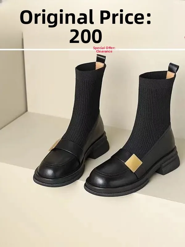 

Эластичные вязаные узкие ботинки, женские осенне-зимние новые ботинки на массивном каблуке, корейские ботинки с круглым носком