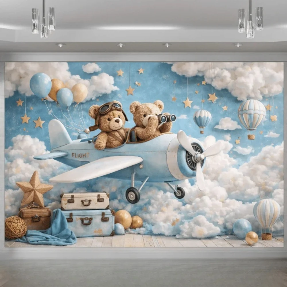 Light Blue Sky Teddy Bear Flying Theme Banner Background, Children's Birthday Party, Home Decoration Photography Backdrop Cloth