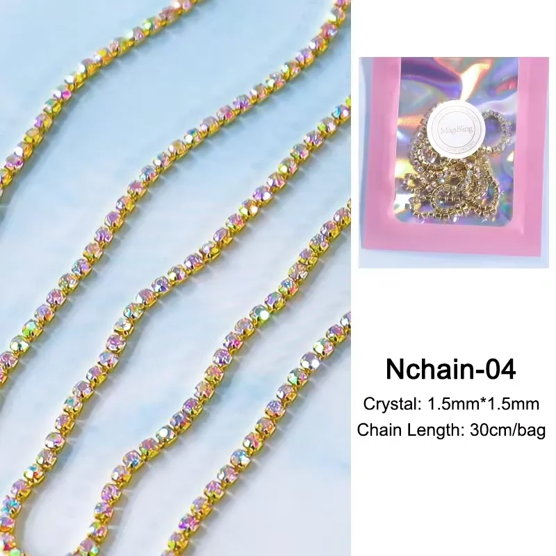 30cm Lange Luxus-Kristallketten-Nagelcharms 1,5/2mm Glänzende Klare/AB Diamant-Perlen Nagelkunst Metall-Stahl Französische Nagel-Maniküre-Teile – Detail 9