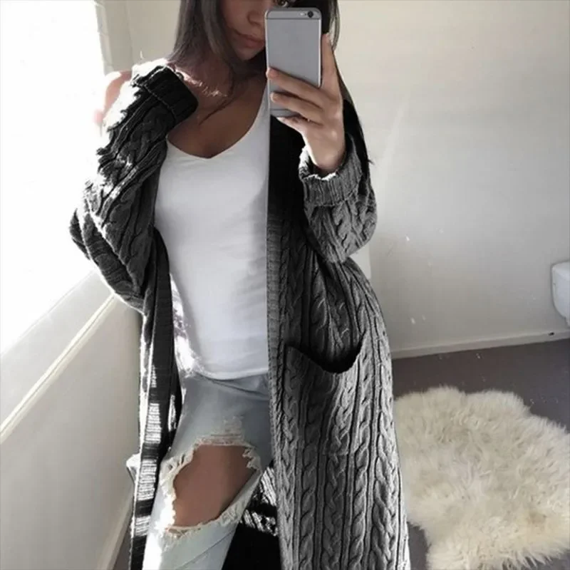 2023 Women Long Sweater Coats Autumn Winter Thicken Long Sleeve Pocket Twist Knitted Cardigan Loose Coats Outwear