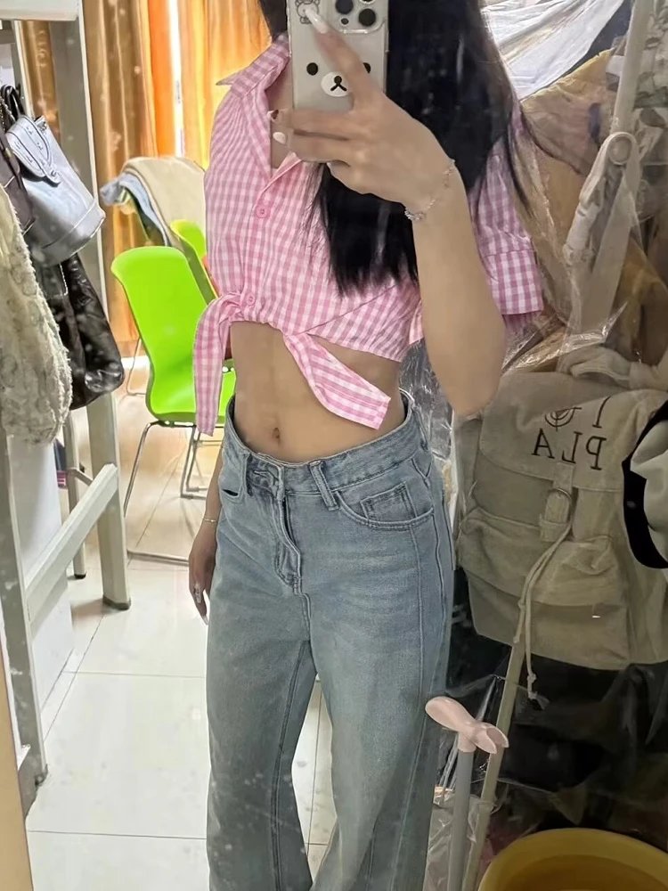 Tikng Roze Plaid irt Dames Pure Desire Slim Fit Sexy Super ort Belted Navel Baring Top Street Sle Summer Faion
