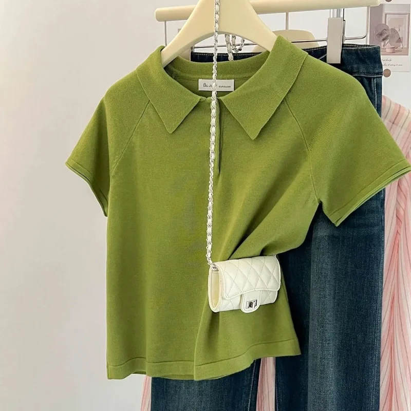 Women's Combed Cotton Polo Shirt Solid Color Short Sleeve Lapel T-shirt Korean Sweet Slimming Casual Top
