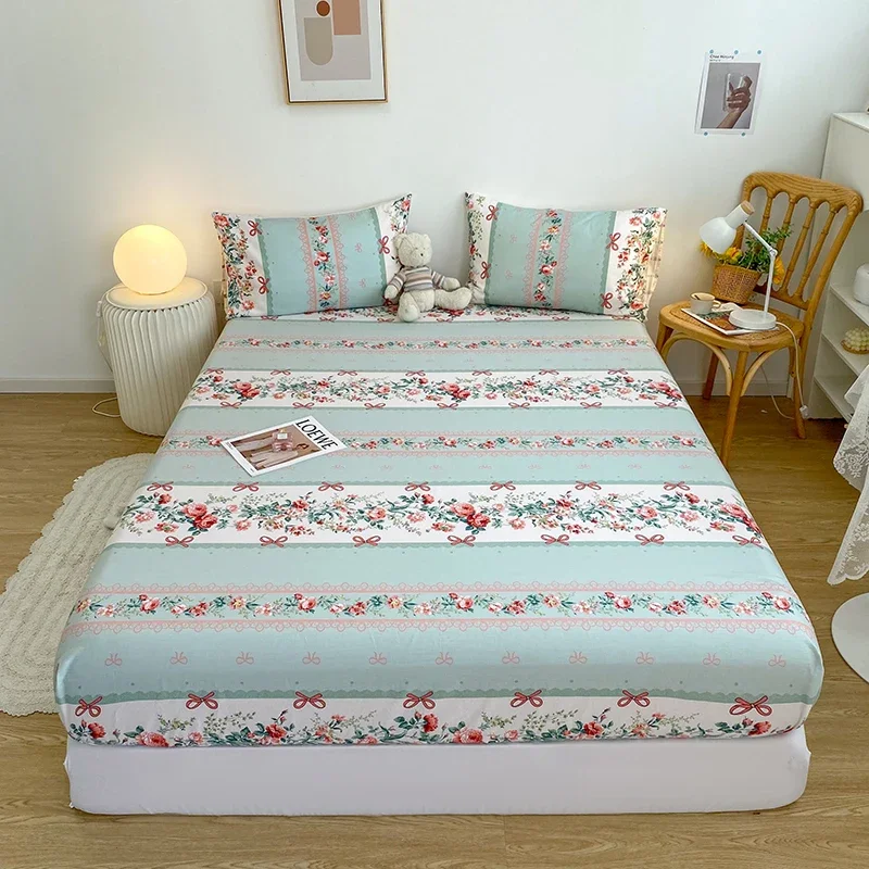 Farmhouse Flowers Pattern Fitted Sheet Set Cotton Romantic Floral Mattress Protector Cover Deep Pocket Bed Cover Bedding Set