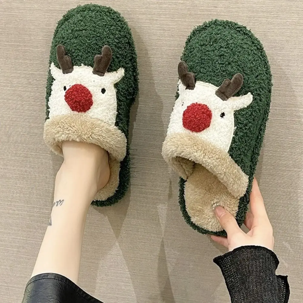 Kawaii Elk Christmas Plush Slippers Anti Slip Durable Winter Indoor Slippers Bedroom Fluffy Home Slippers Women Girls