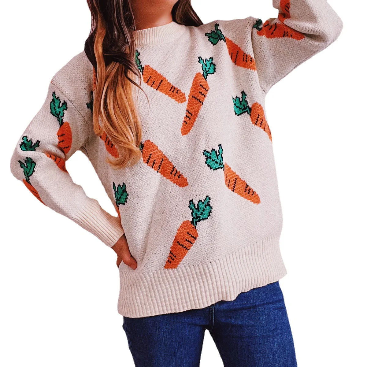 2023 Women's Casual Round Neck Long Sleeved Carrot Pattern Knitted Pullover Sweater