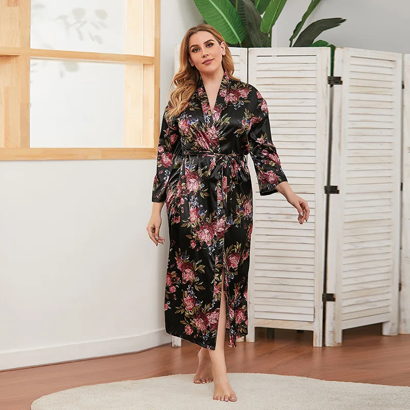 

Simulation silk satin large size Japanese nightgown loose loungewear, long sleeves leopard print long pajamas high-end temperame