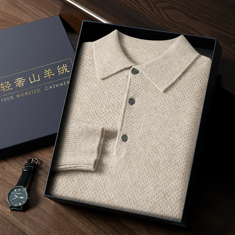 

MVLYFLRT 100% Pure Cashmere Men's POLO Collar Sweater Honeycomb Knit Pullover 2023 Autumn and Winter Casual Men's Shirt Jacket