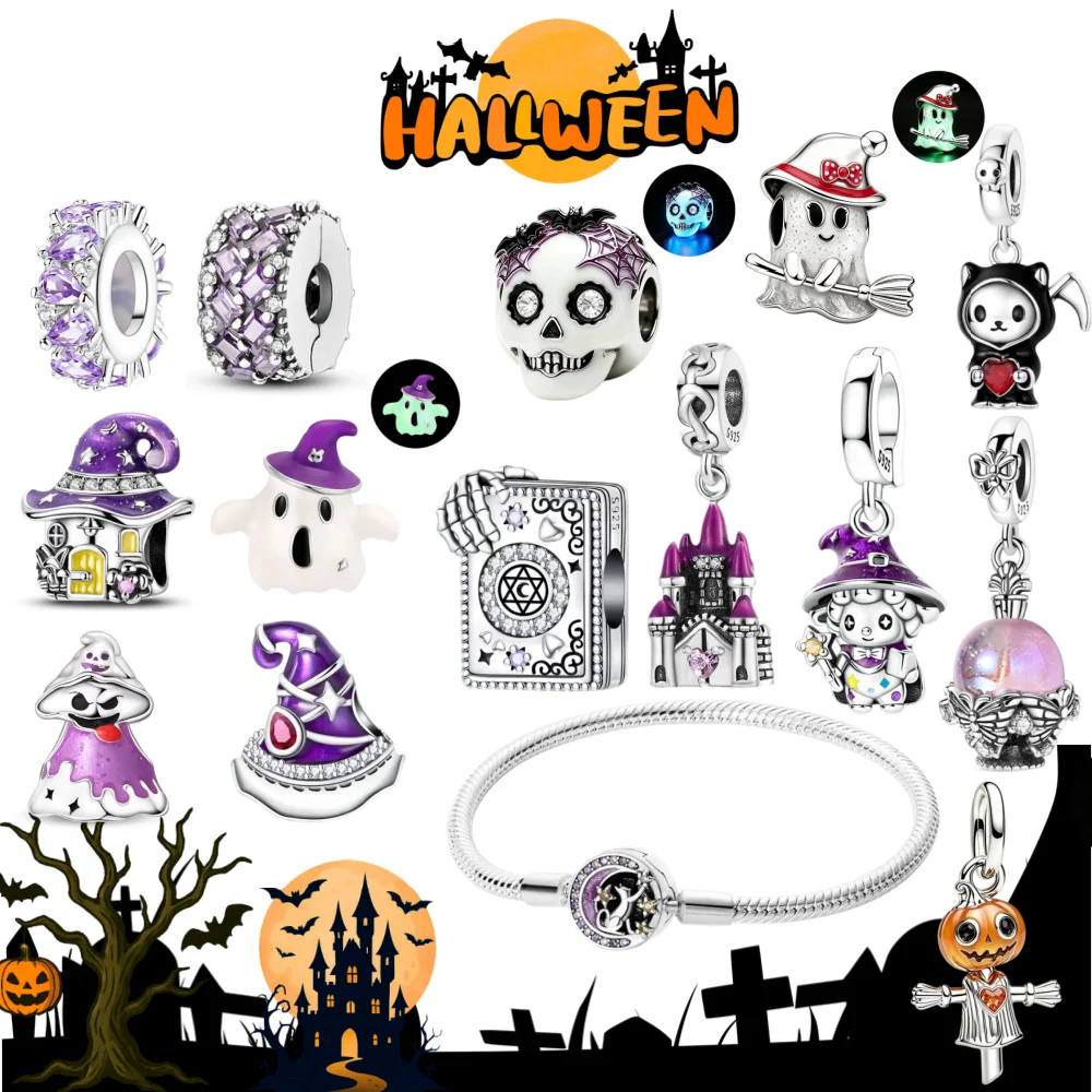 Halloween Party 925 Silver  Purple Flying Witch Hat & Magic Orb Charms Beads Fit Original Bracelets DIY for Women Jewelry Gifts