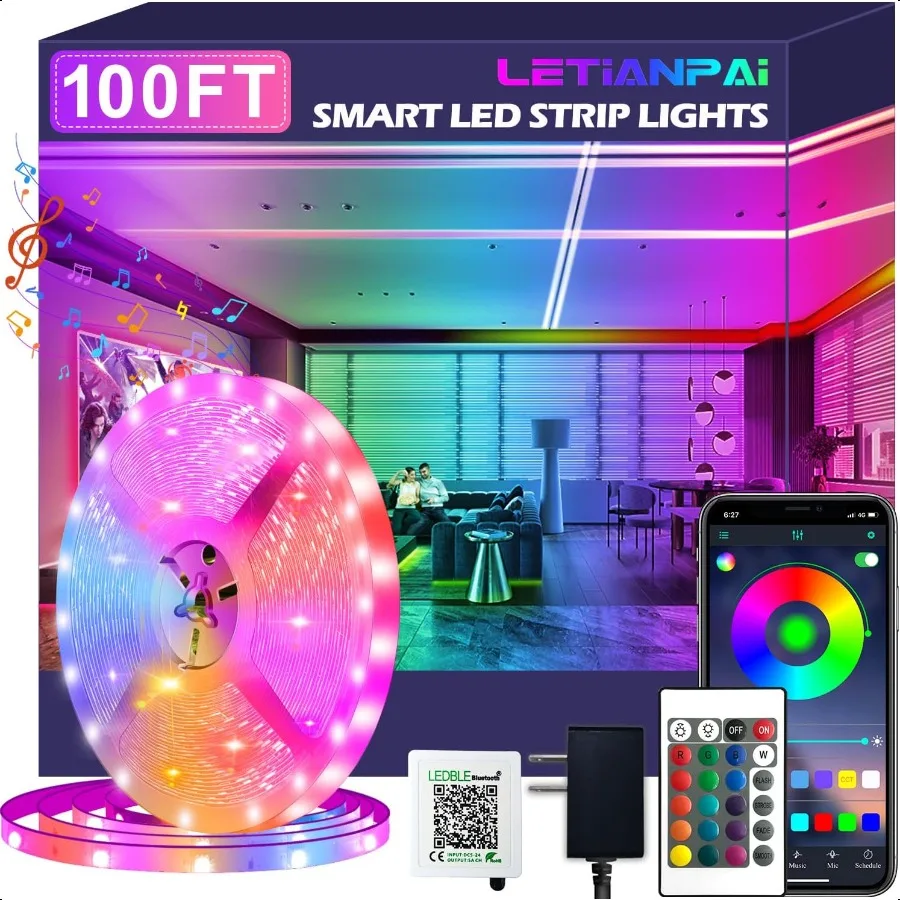 

100ft Led Strip LightsLong Smart Led Light Strips Music Sync 5050 RGB Color Changing Rope Lights Bluetooth APP IR Remote Switch