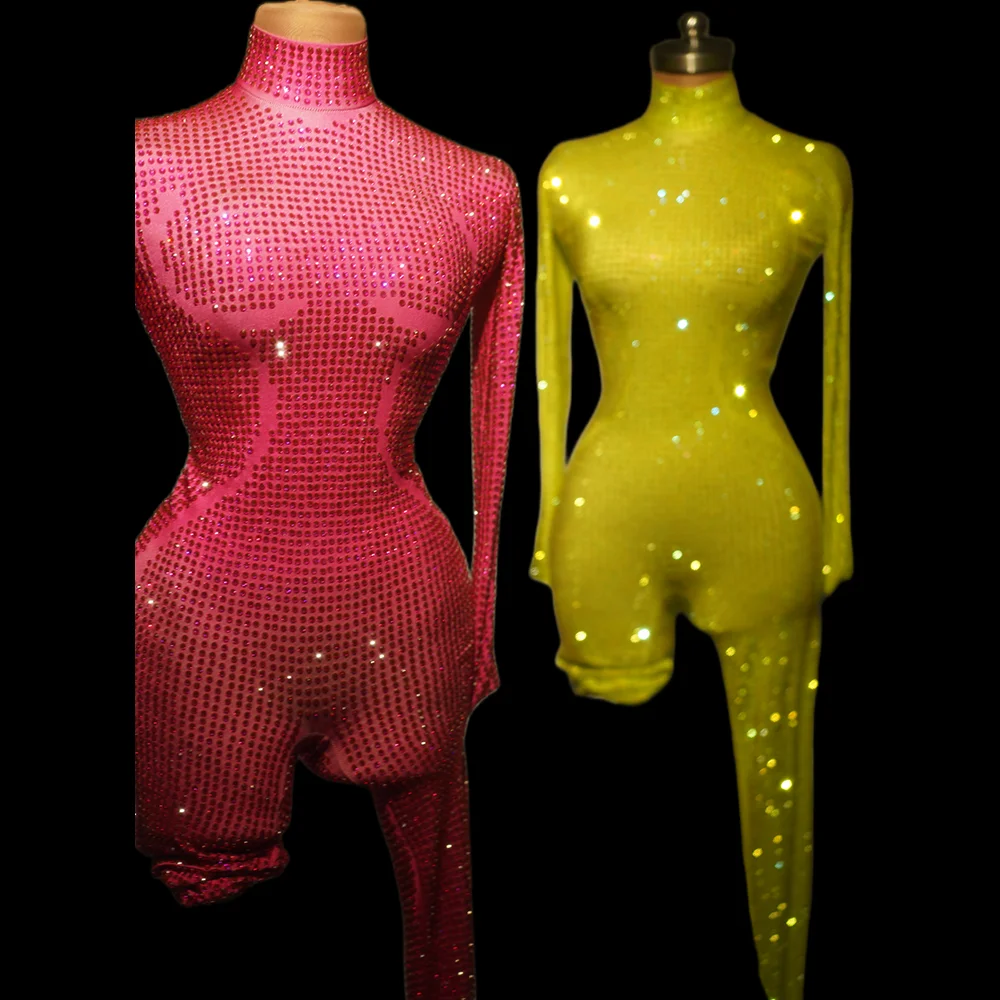 

Sparkling Crystal Diamond Long Sleeved Jumpsuit Women Nightclub Party Bodysuit Lady Shining Rhinestone Stage Performance Costume