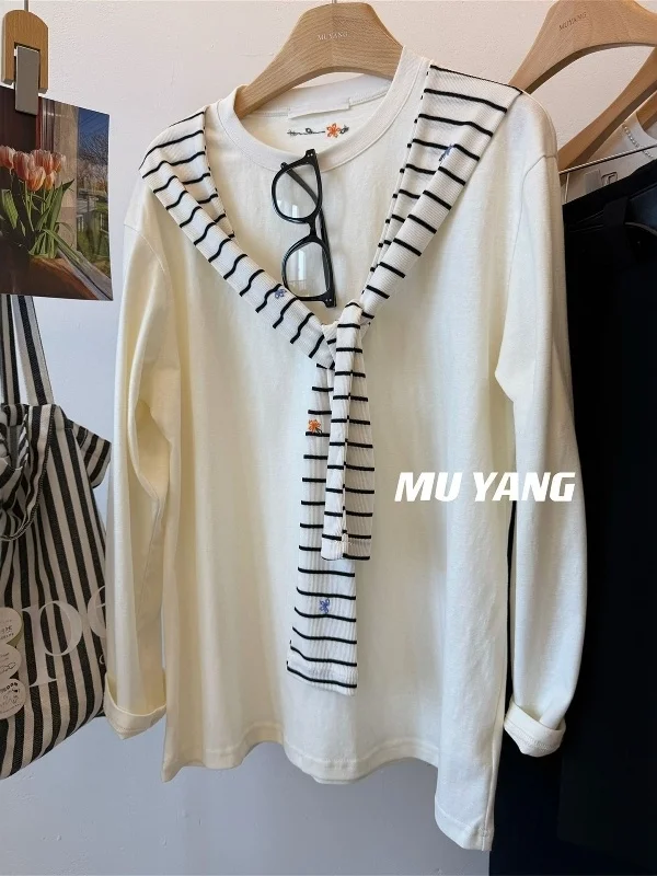 plus Size 300 Pou Embroidered Striped Casual Loose Long Sve T-irt Women's Spring Autumn Sle Comfortable Breathable