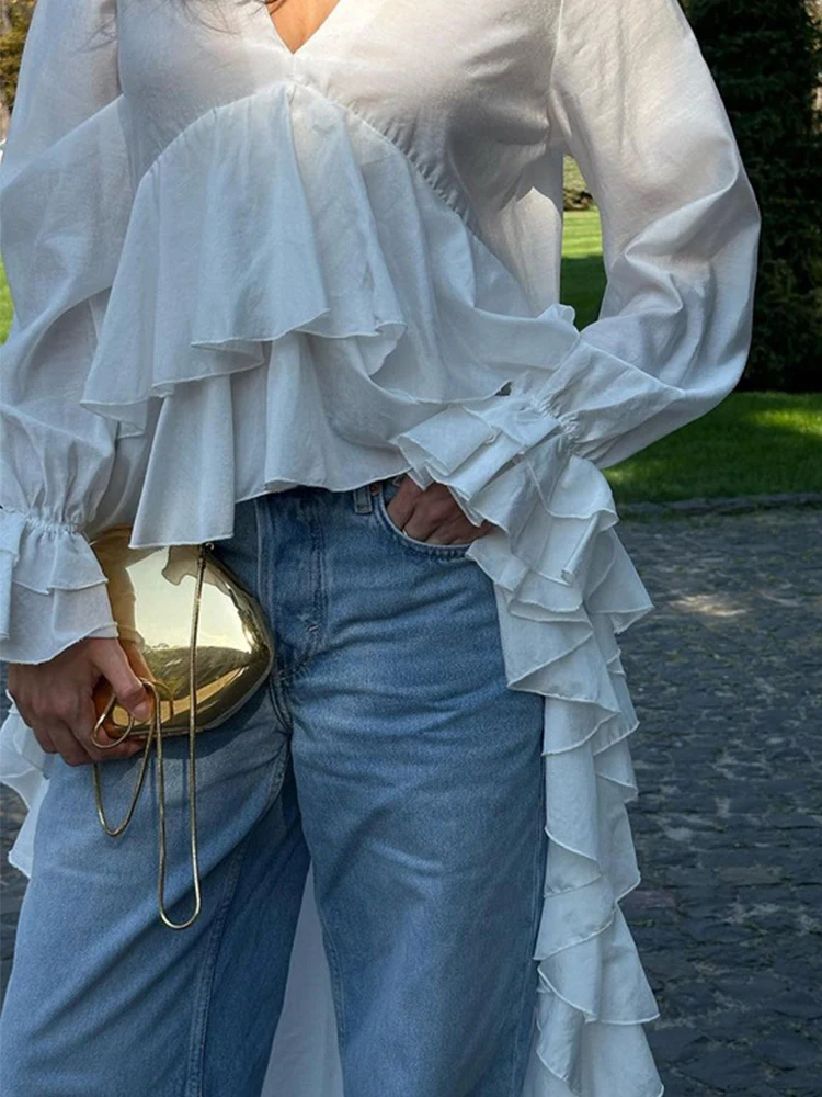 Mueyaruho Women 2025 Summer Autumn Elegant Ruffles Shirt V-neck Long Sleeve Solid White Blouse For Women