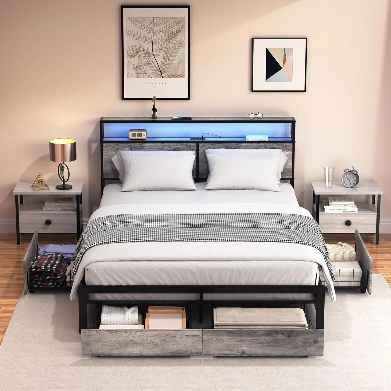 US LED Bed Frame Full Size with Headboard & 4 Storage Drawers Platform Bed Frame with 2 Charging Outlets and 2 USB Ports