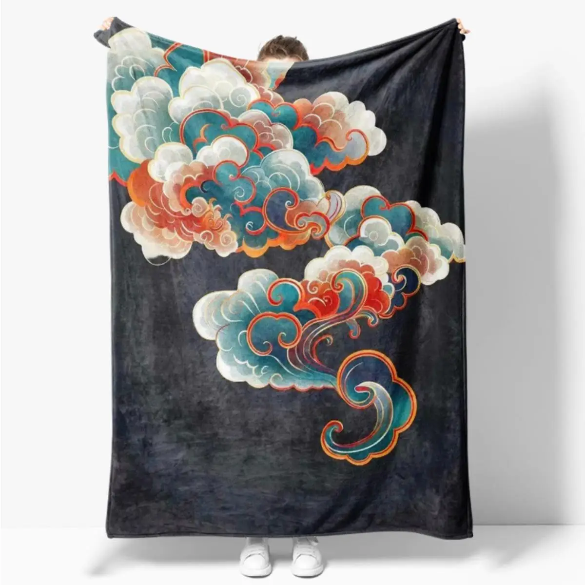 Luxurious 150x230cm Chinese Cloud Print Blanket Cozy Throw Perfect for Sofa Bed or Bohemian Decor
