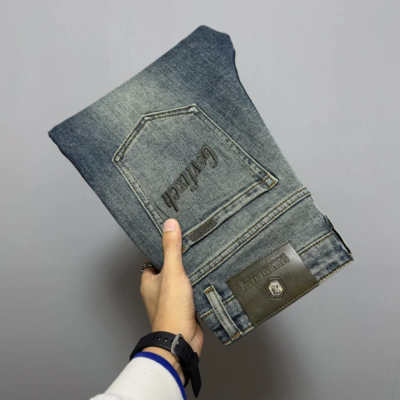 Moda bordada azul profundo carta bordado jeans masculino retro azul denim lavado gradiente calças compridas