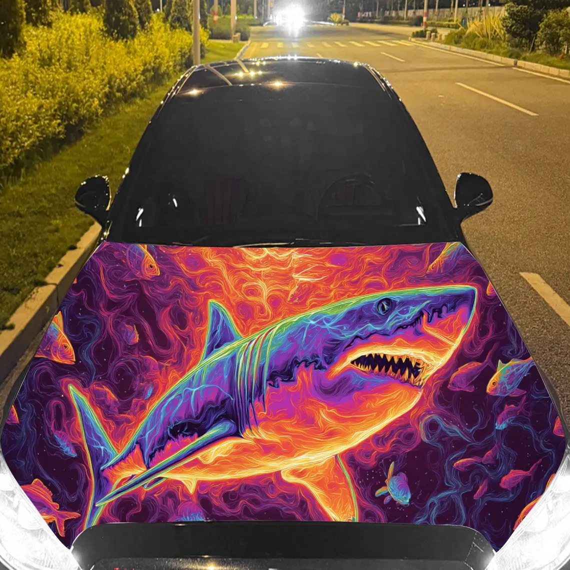 Awesome Neon Shark Car Hood Stickers - Self-Adhesive, Waterproof and Durable Vinyl Wrap, Decorate And Protect Your Car - The Gif