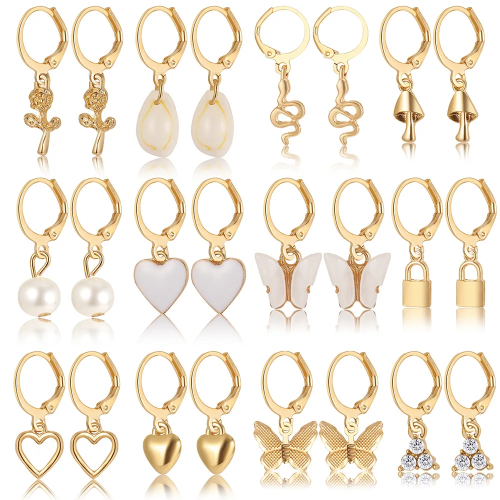 12Pcs/Set Geometric Dangle Earrings Set For Women Love Pearl Lock Snake Butterfly Mushroom Lock Drop Ear Jewelry Accessories