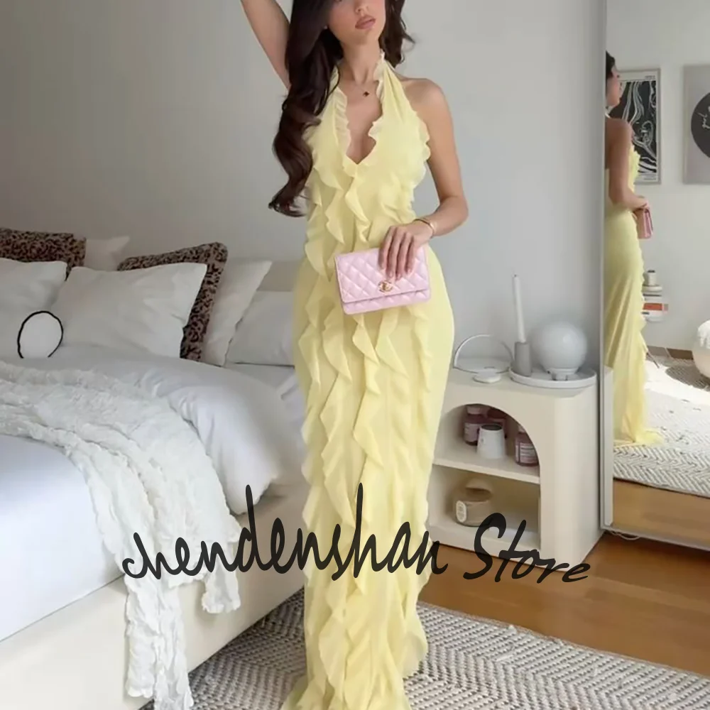 

Желтое женское платье макси с лямкой на шее и рюшами, струящееся шифоновое вечернее платье для летней свадьбы и элегантных социальных встреч
