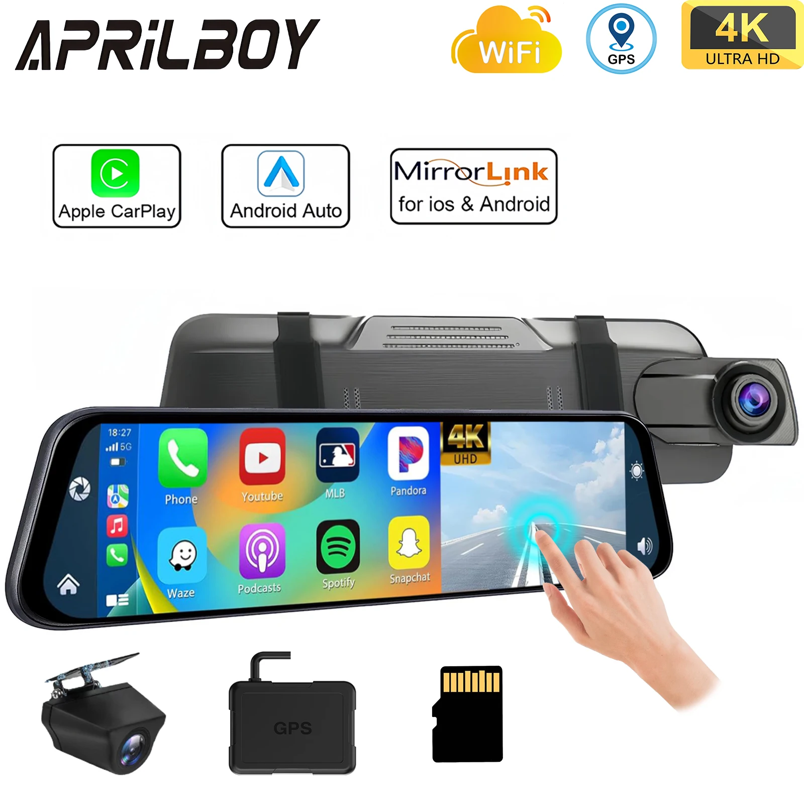 Aprilboy 10'' Car DVR 4K Mirror Dash Cam with Wireless Carplay Android Auto Wifi GPS Parking Monitor Loop Recording Navigation