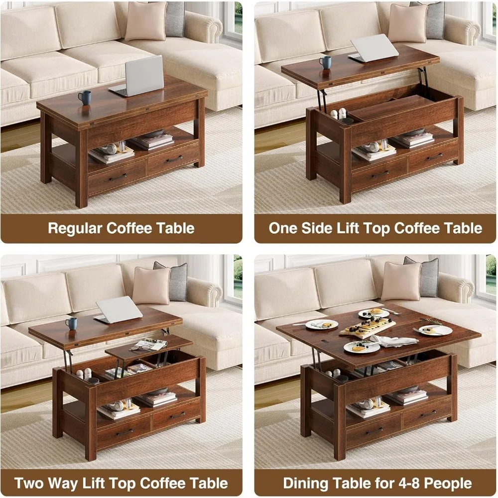 Coffee Table Lift Top, Multi-Function Convertible Coffee Table with Drawers and Hidden Compartment, Converts to Dining Table fo