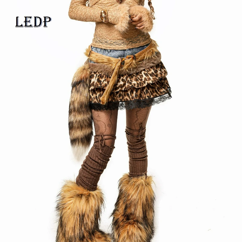

2025 Autumn Winter Sweet Cool Women's Short Skirt Retro Design Y2k Hot Girl Leopard Print Splicing Fur Cake Short Skirts Ladies