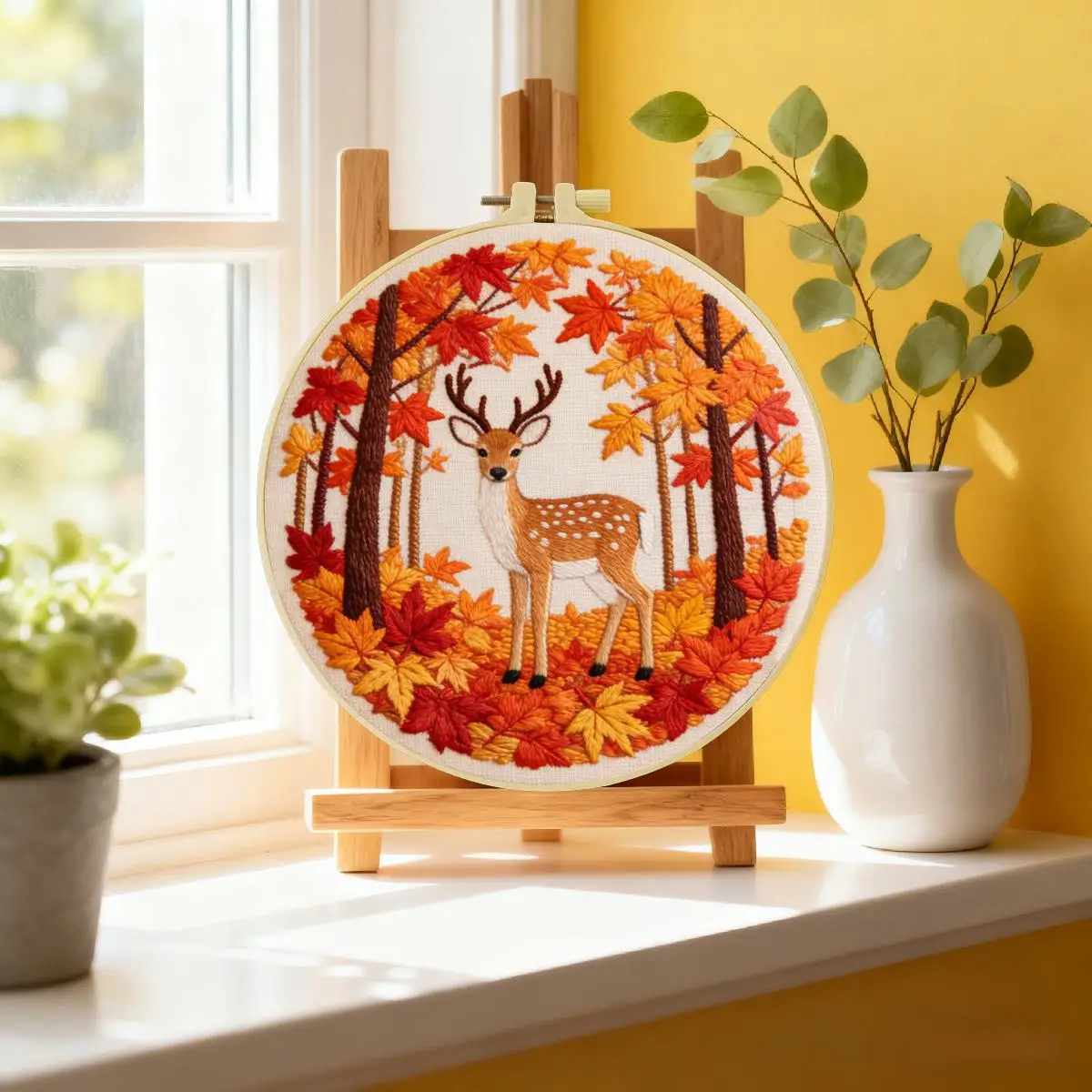 1 Stück 20X20CM/15X15CM 7,87/6,3 Zoll Das Reh im Ahornwald Stickerei-Starter-Kit DIY-Kit DIY-Stickerei-Set Handarbeiten – Detail 5