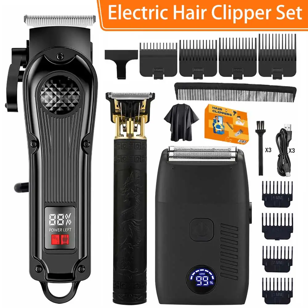 Professionelles Haarschneide-Set für Männer, 3-in-1-Pflegeset, kabelloses Haarschneide-Set mit Kamm, perfektes Geschenk für Männer, LED-Display – Schwarz