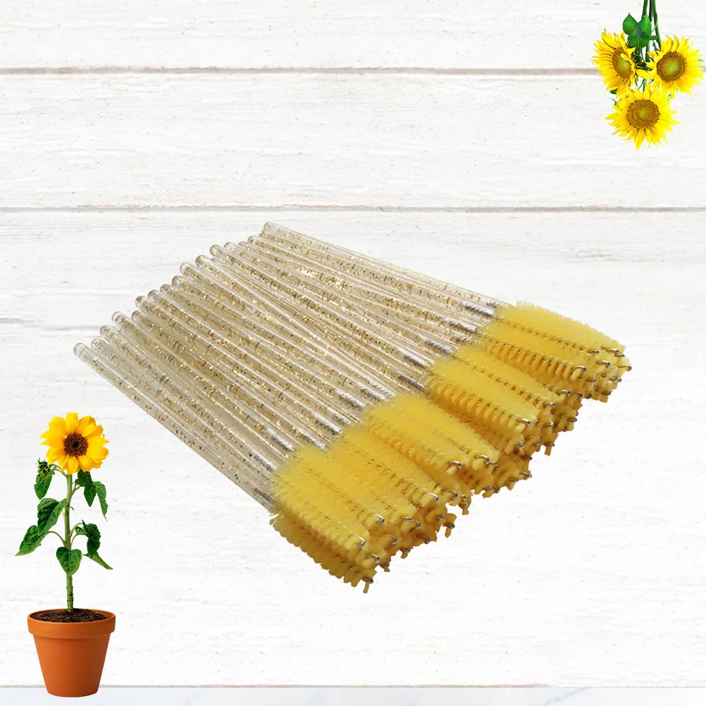 100 قطعة من فرشاة الرموش للاستعمال مرة واحدة، أداة توزيع قضيب كريستالي للفصل والتطبيق، فرشاة الرموش الصفراء