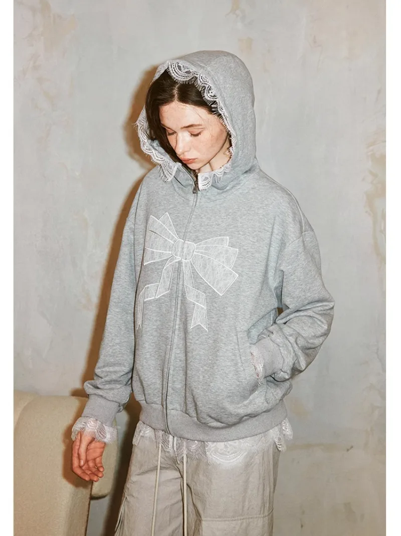 Miiiix Korean Fashion Cute Lace Bow Gray Hoodie 2024 Women's Early Autumn Loose Casual Long Sleeved Top Female Clothing