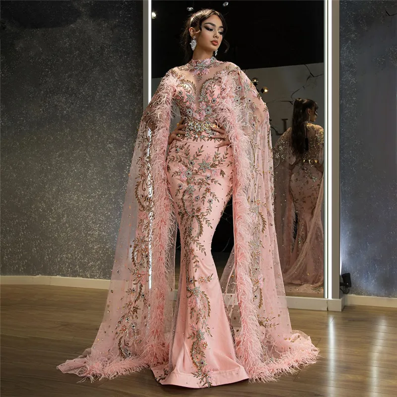 

Luxurious Pink Mermaid Prom Gowns Cap Sleeves Evening Dresses Custom Made Feathers Crystals Beaded Party Dresses