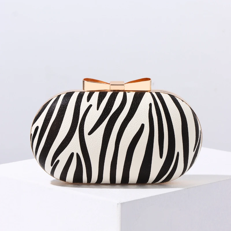 Zebra Print Oval Hard Clutch Purse Fashion  Bow Metal Clasp Round Evening Bag  Animal Print  Party Club Handbag Bolsa Casamento