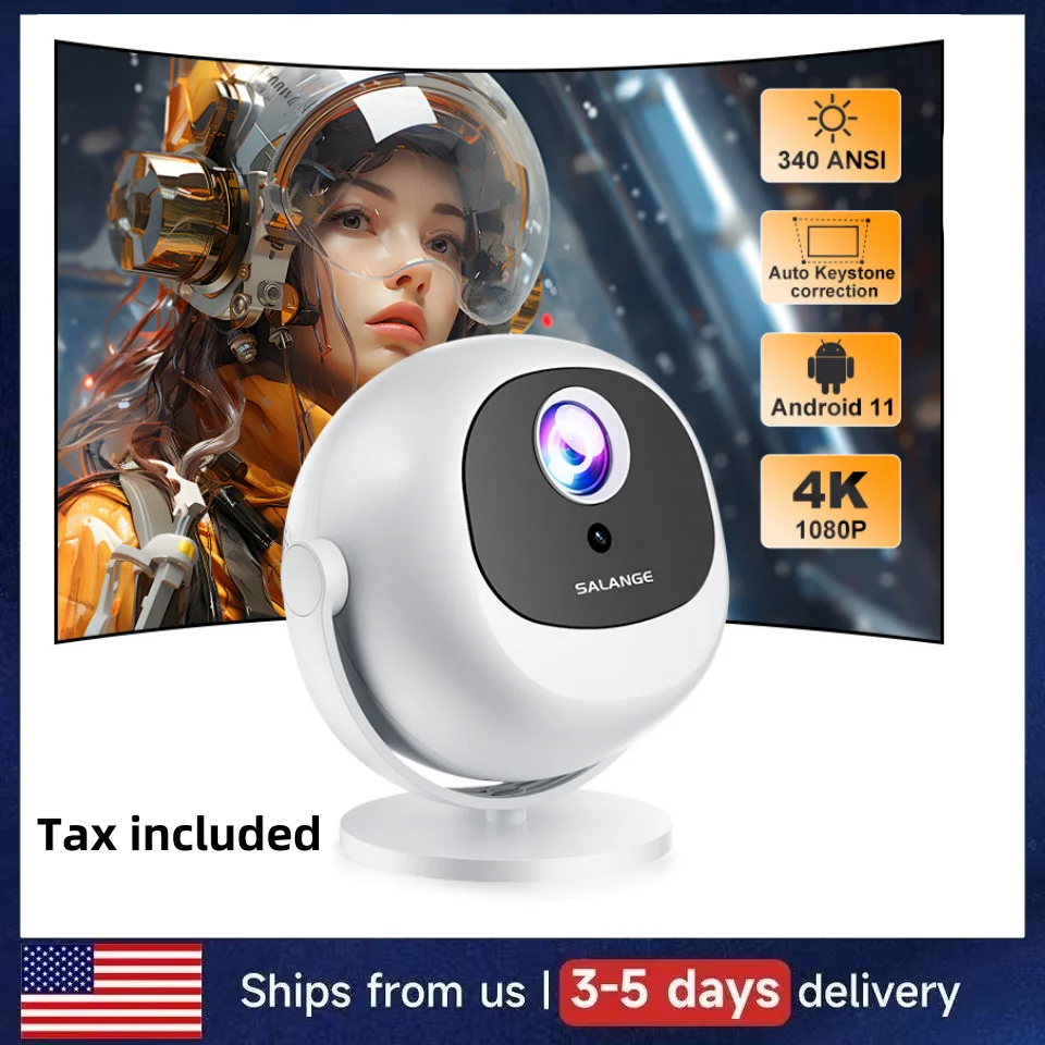 

Salange Native 1080P 340ANSI 4K Mini Projector Andorid TV11.0 P360 360° Beam Auto Keystone Wifi6 BT5.2 Portable Outdoor Movie
