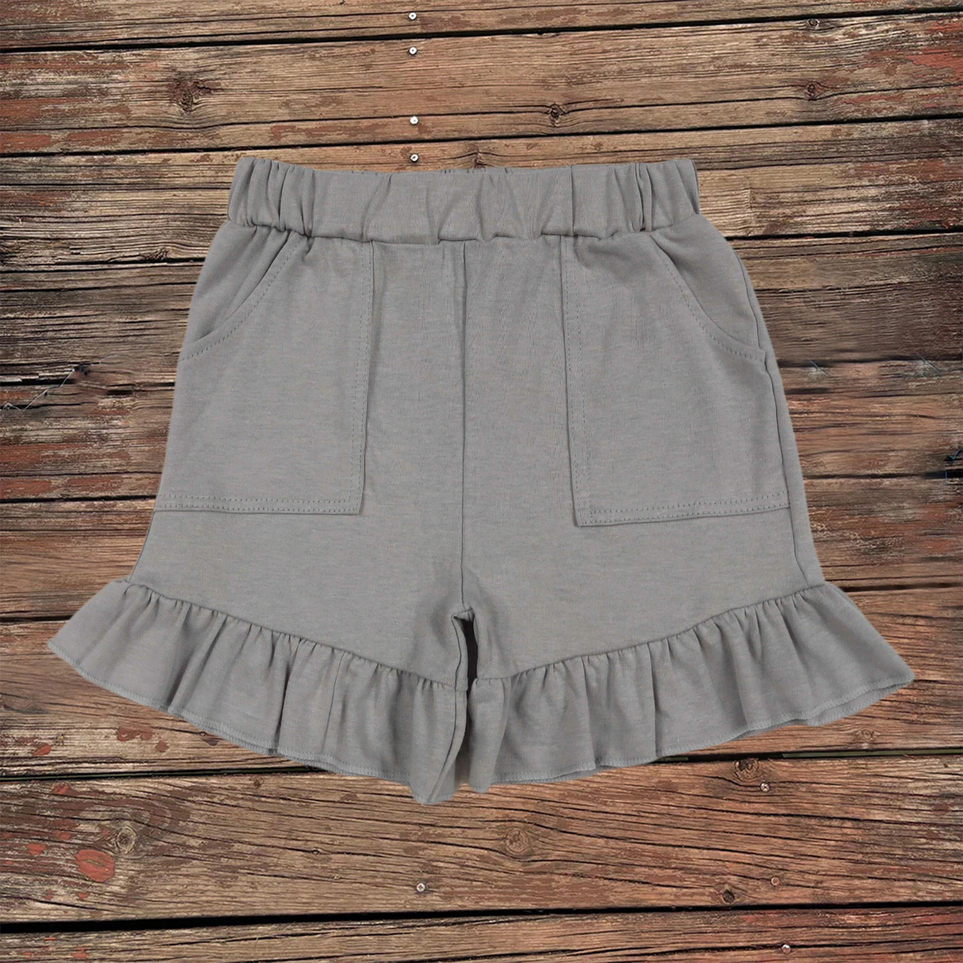 

New Summer Fashion Gray Cotton Pockets Girls Loose Casual Shorts Elastic Waist Cute Children's Clothing Baby Ruffle Short Bottom