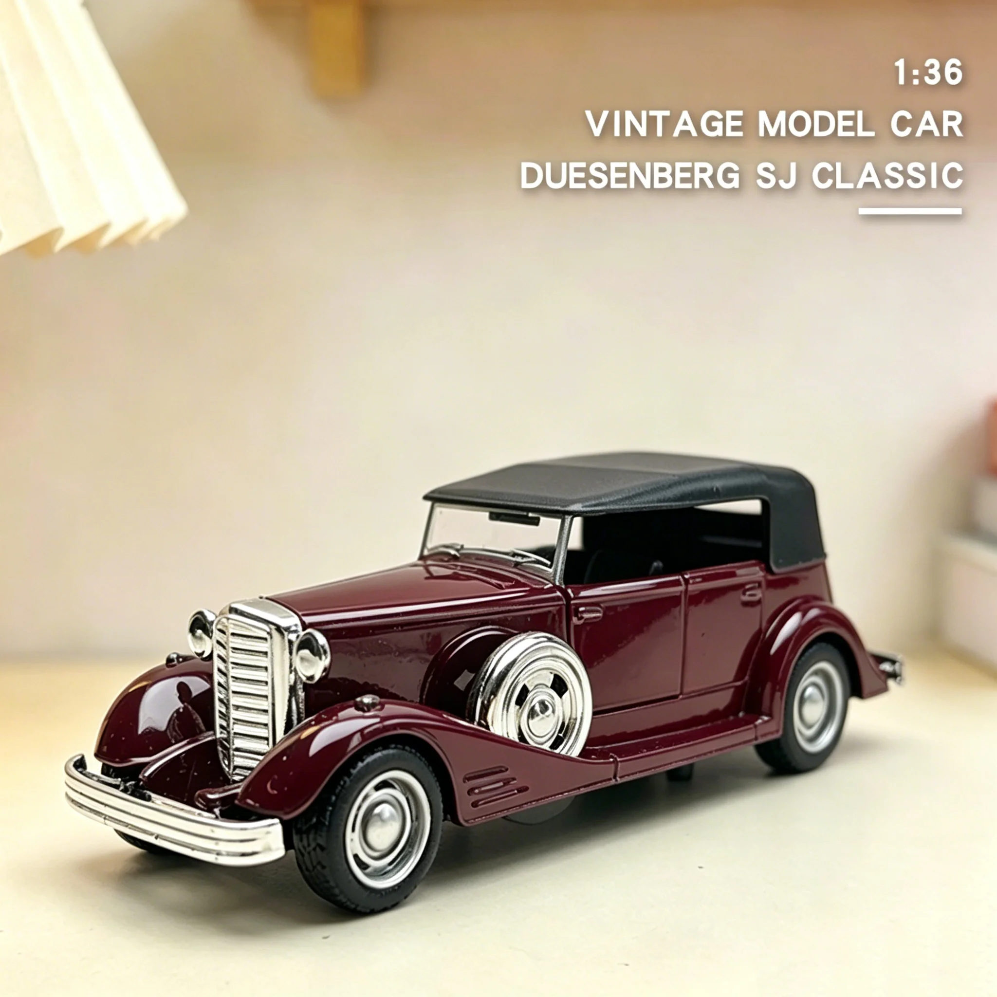 Modelo de coche clásico de aleación Duesenbeg SJ a escala 1:36, réplica de vehículo en miniatura con función de retroceso para colección y exhibición de regalo.