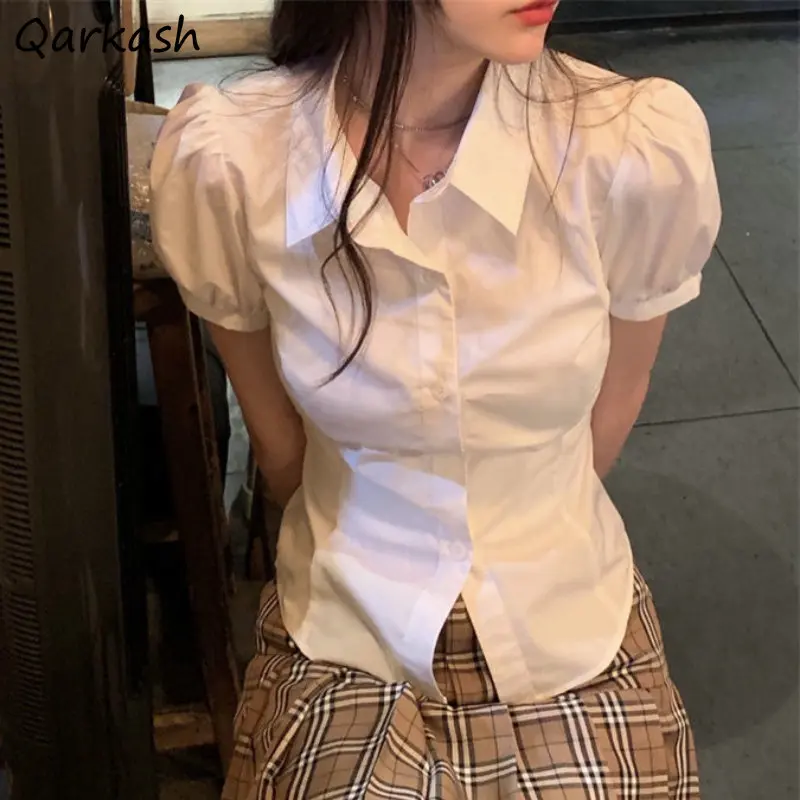 White Summer Shirts Women Puff Sleeve Minimalist Pure Slim Hotsweet Temper Рубашки Vintage Korean Fashion Clothing Bandage Ins