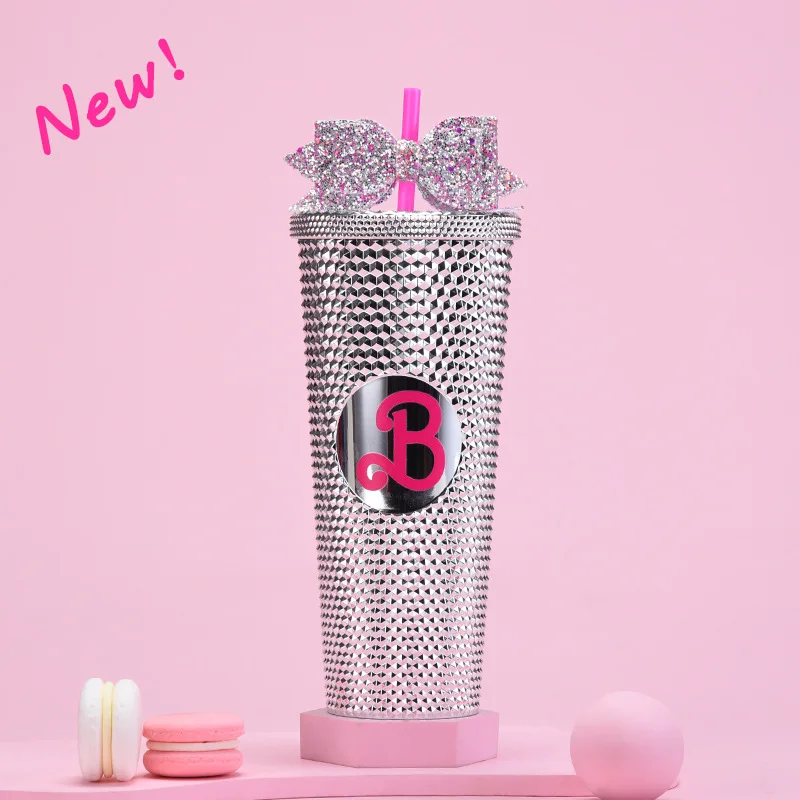 Pink B Cups New Bowknot Double Layer Plastic Straw Cup 710ml Large Capacity Creative Portable Diamond Cup